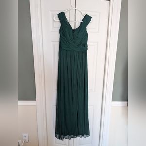 CRISSCROSS OFF-THE-SHOULDER MESH BRIDESMAID DRESS COLOR: JUNIPER SIZE: 8